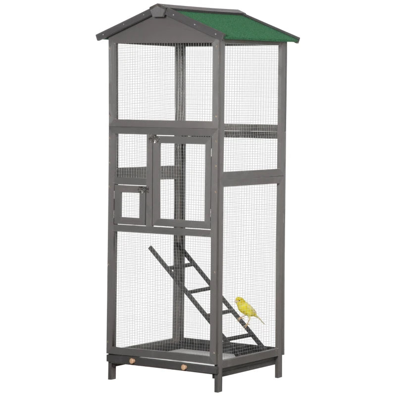 Outdoor Wooden Bird Cage for Parrots and Small Birds with Pull-Out Tray - Grey & Green