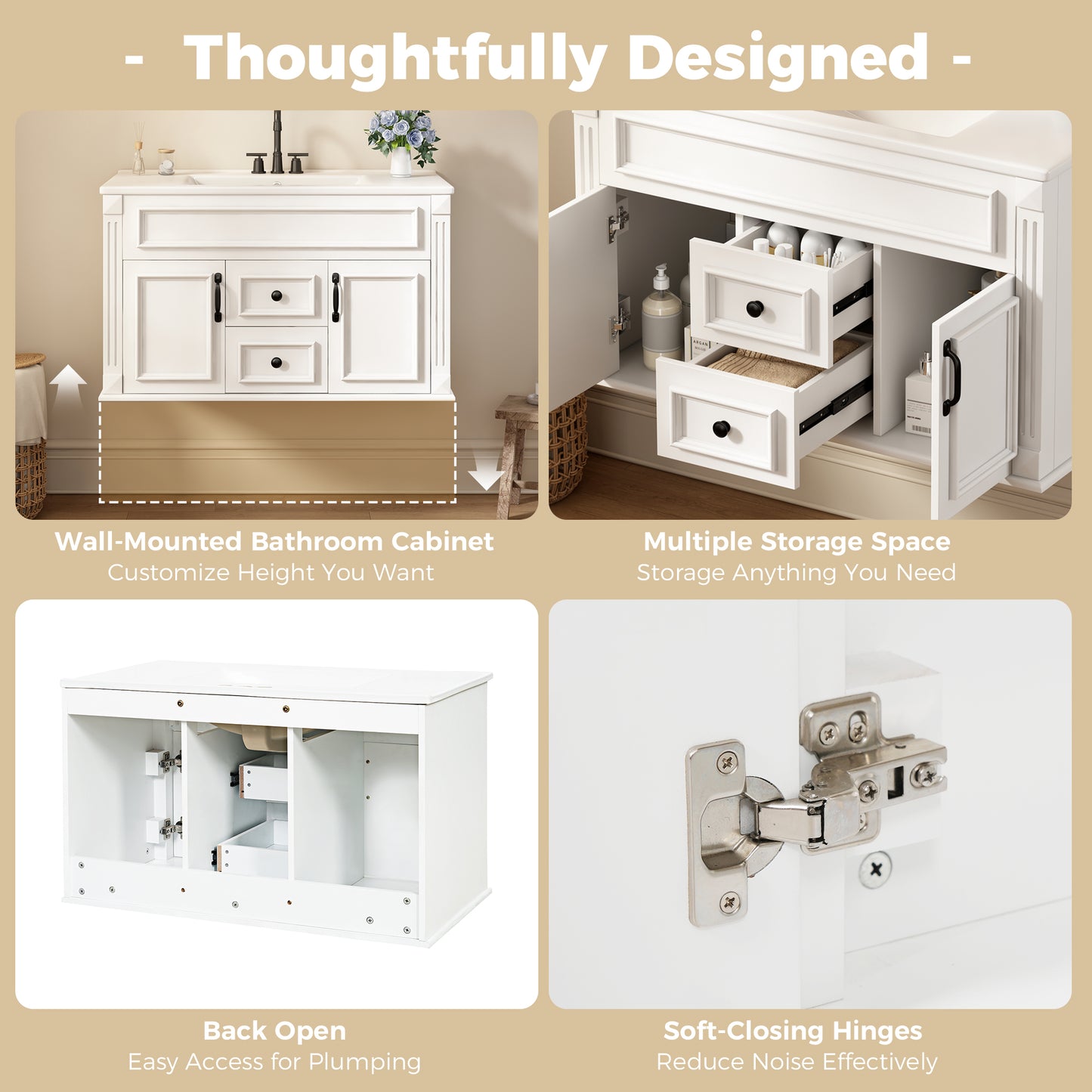 36-Inch Wall-Mounted Bathroom Vanity with Ceramic Sink - White