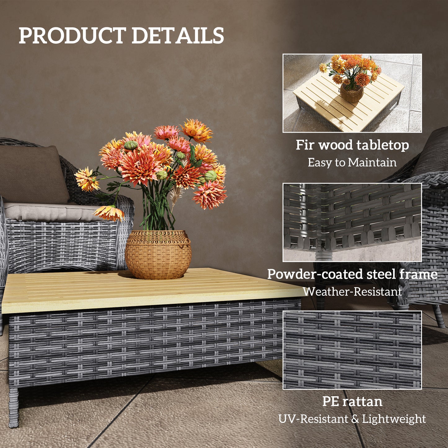 Outdoor Side Table with Gray PE Rattan & Fir Wood Top