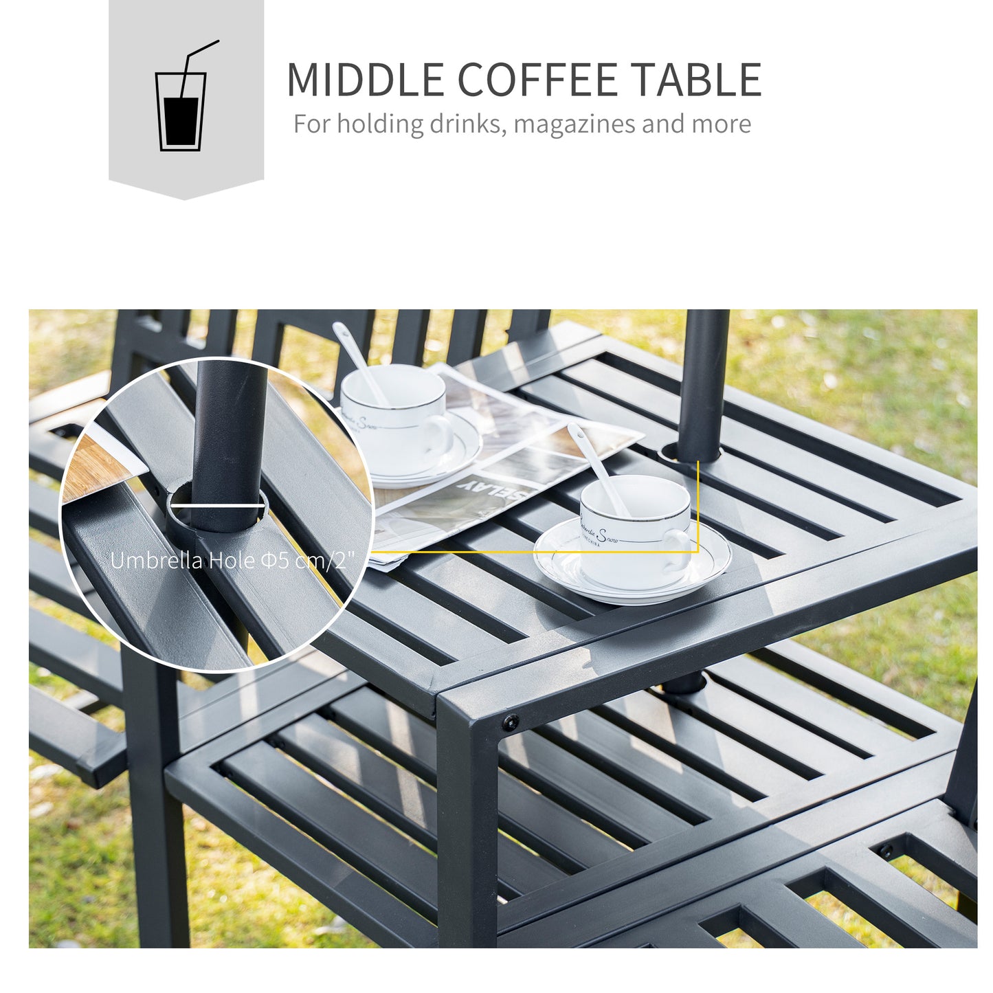 Metal Garden Bench with Table & Umbrella Hole - Black
