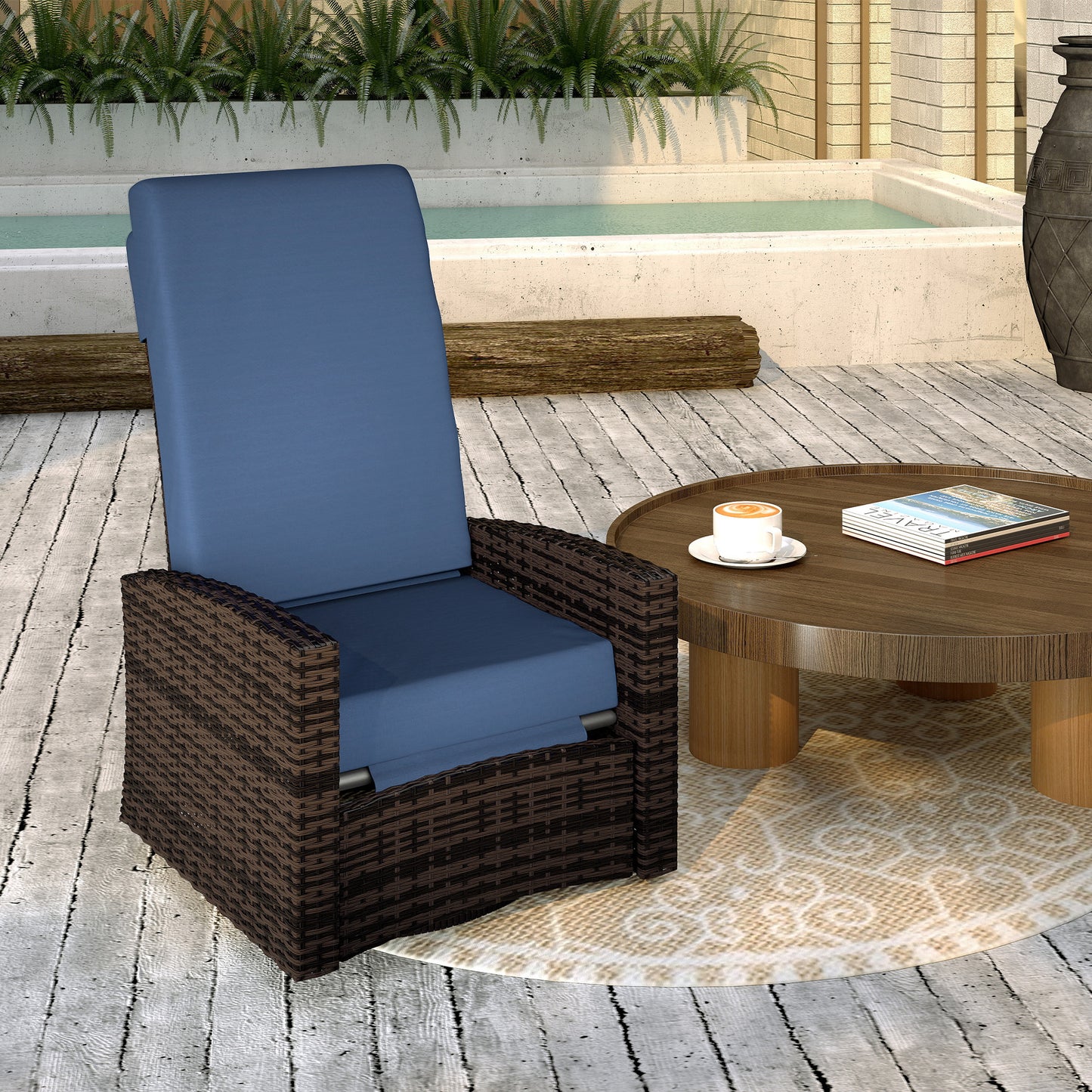 Outdoor Wicker Swivel Recliner Chair with Footrest - Dark Blue