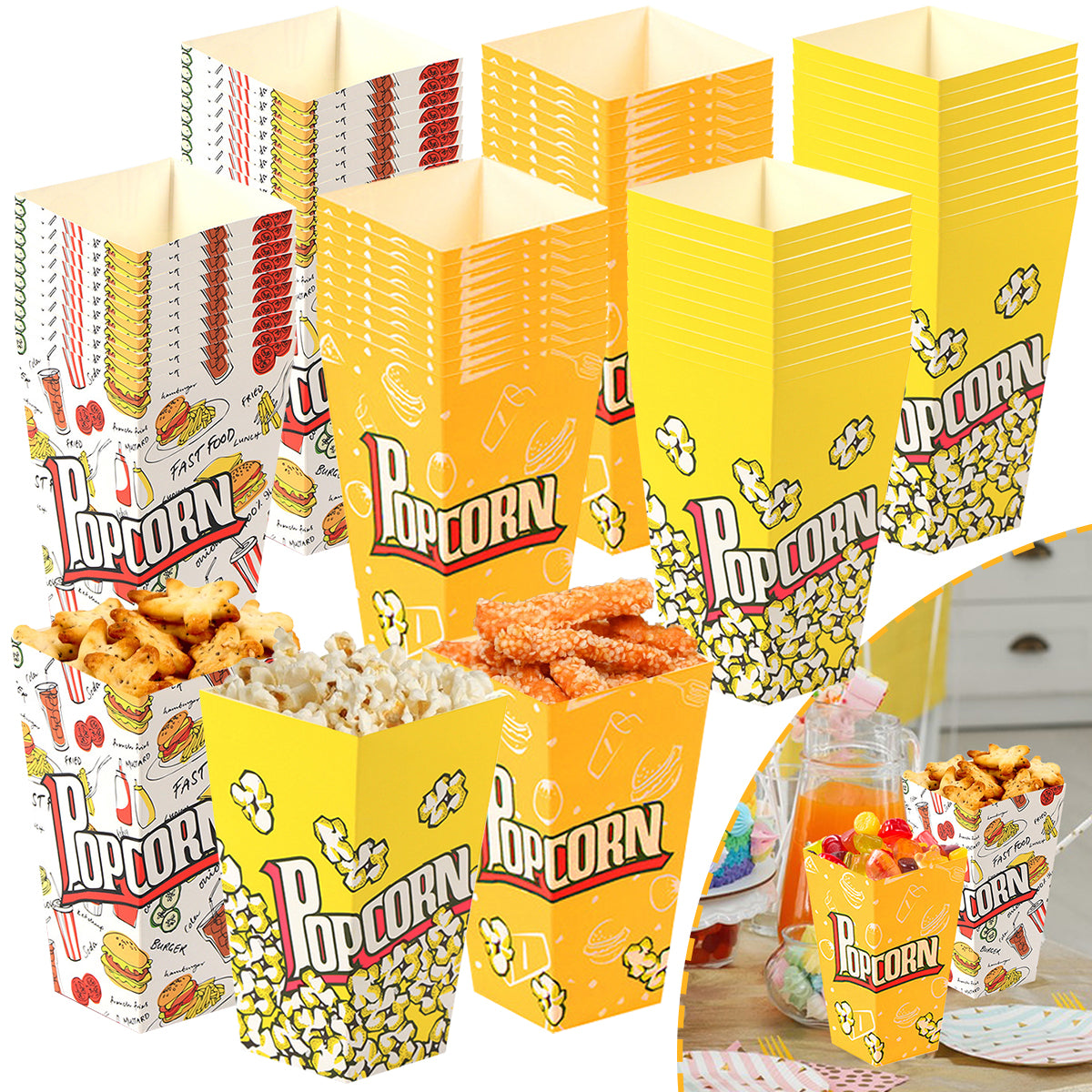 100 Pcs Paper Popcorn Boxes - Yellow & Orange, 16x9x5.7cm