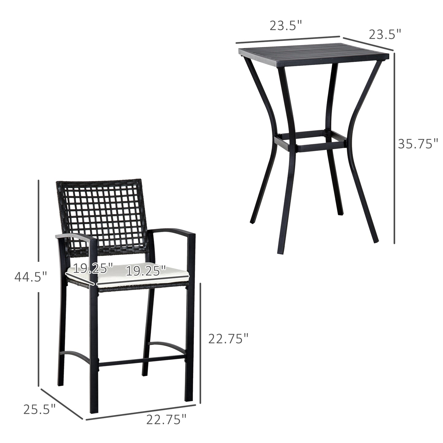 3-Piece Rattan Wicker Patio Bar Set with Cushions - Black