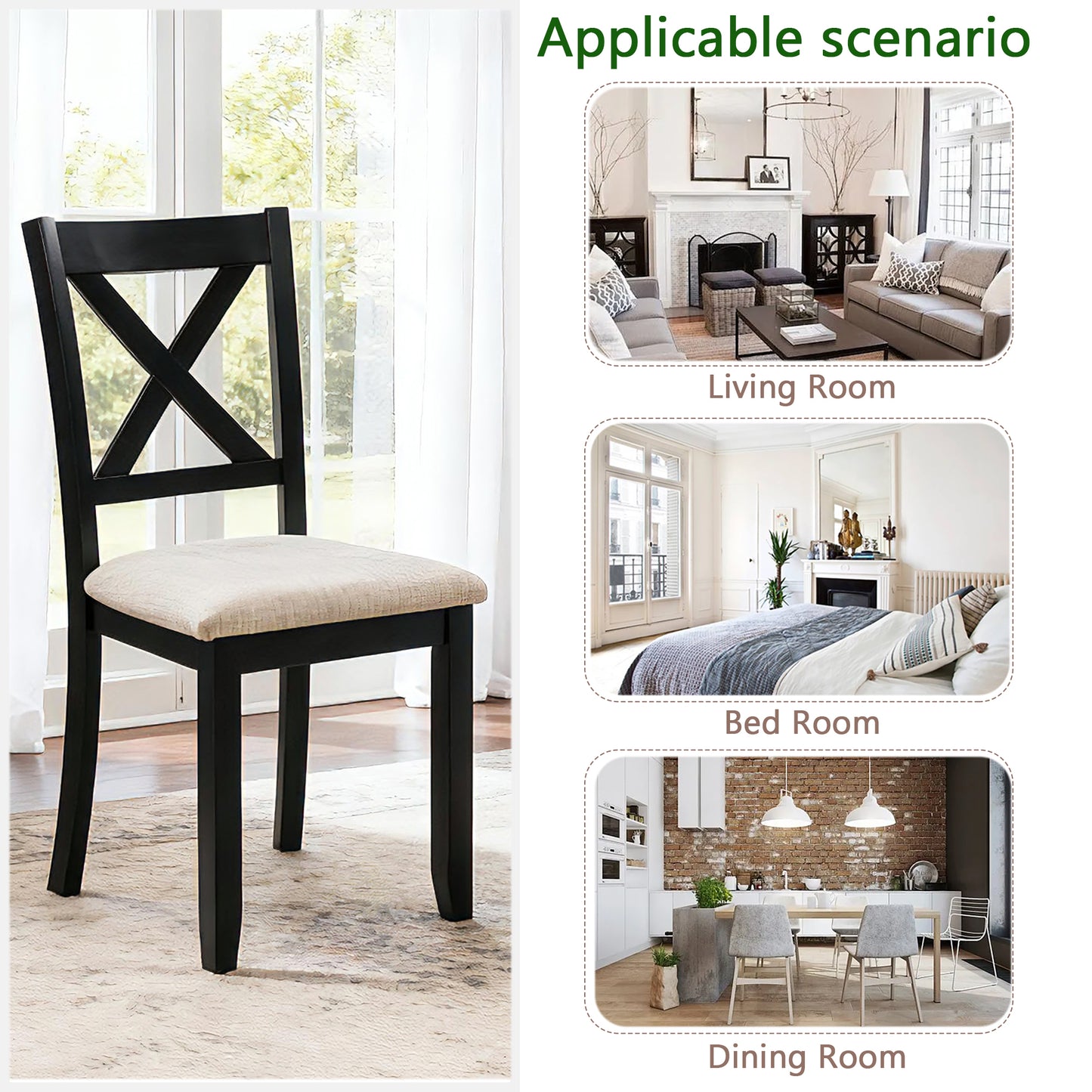Wooden Dining Chairs Set of 4 with Padded Seat - Black & Beige