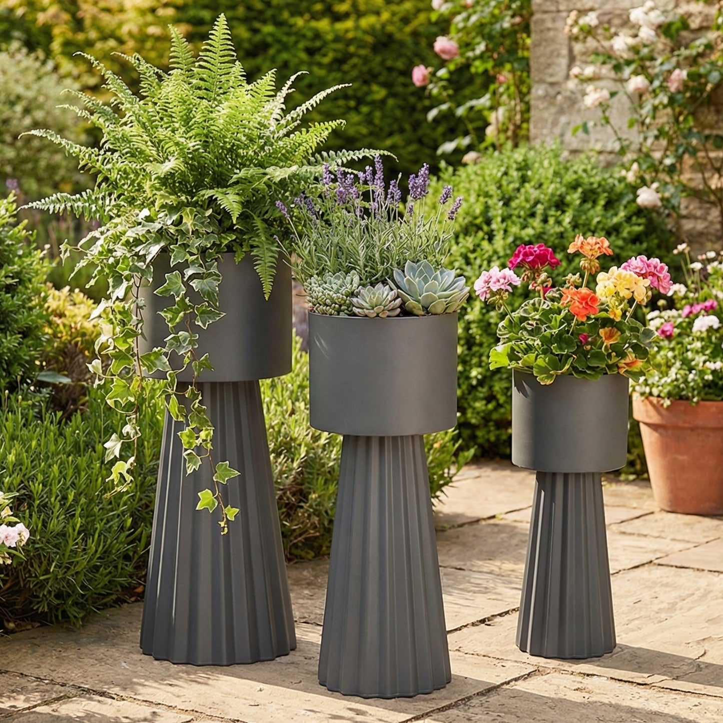 3pcs Metal Plant Pots With Stand Indoor Outdoor Tall Flower 9.1in
