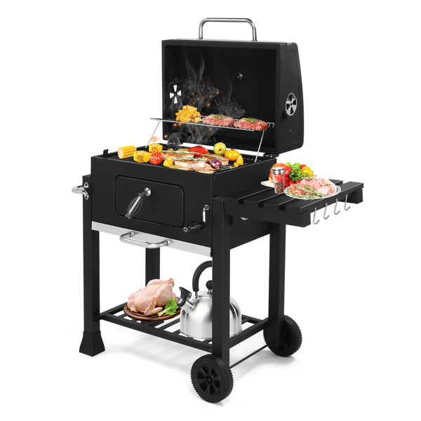 Heavy-Duty Charcoal Grill with Foldable Side Table and Wheels for Outdoor Cooking