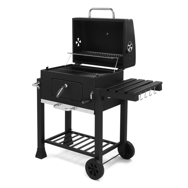 Heavy-Duty Charcoal Grill with Foldable Side Table and Wheels for Outdoor Cooking