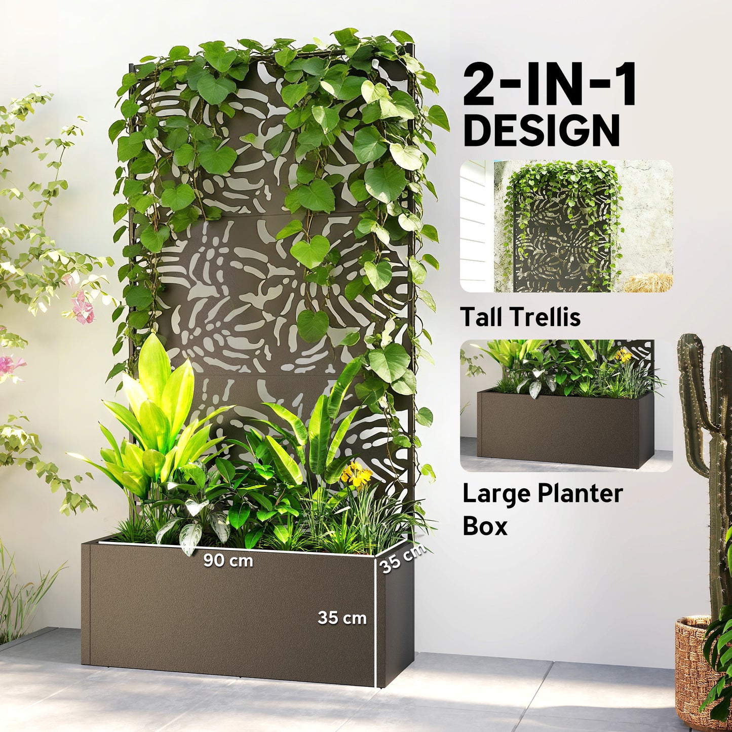 Metal Planter Box with Trellis - 71-Inch Tall Raised Garden Bed with Privacy Screen and Drainage Holes - Black