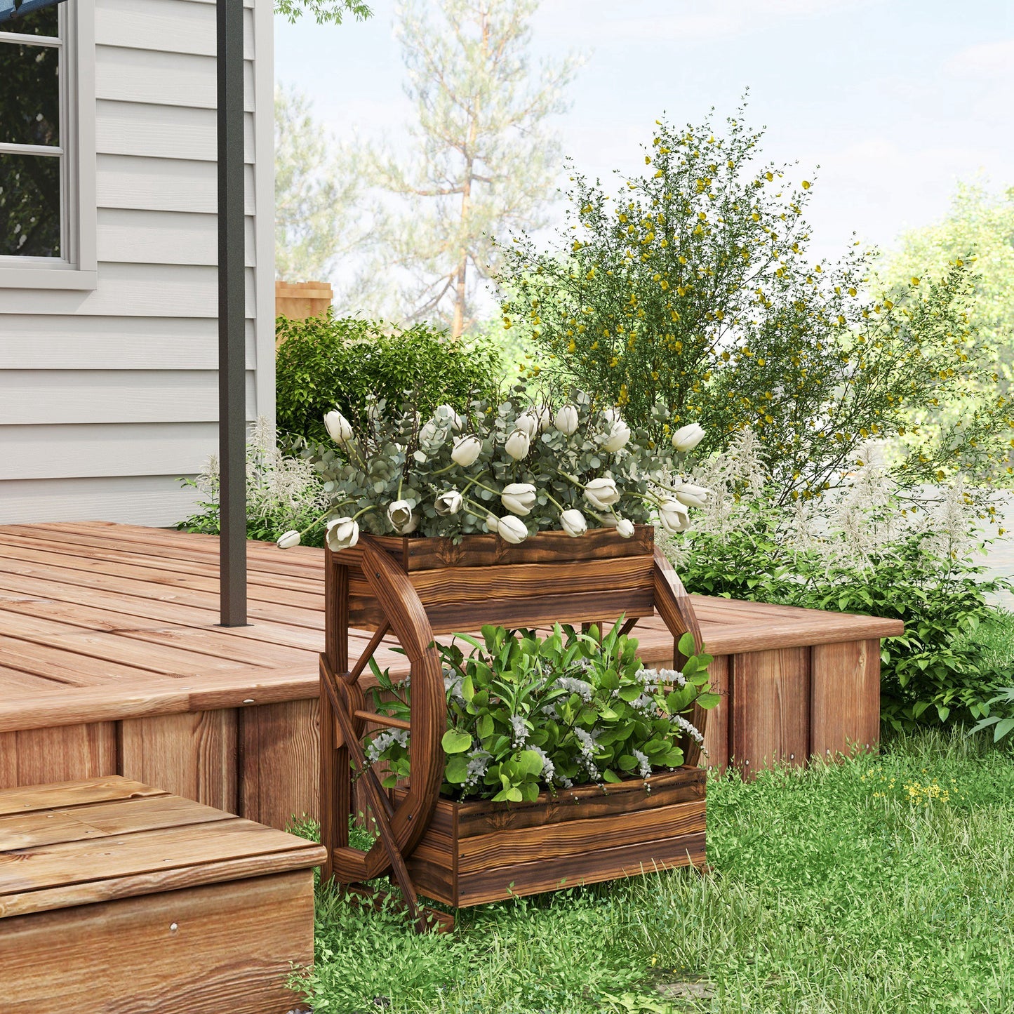 Wooden Wagon Planter Box - 2-Tier Raised Garden Bed for Vegetables Flowers Herbs - Carbonized 22" x 13" x 22"