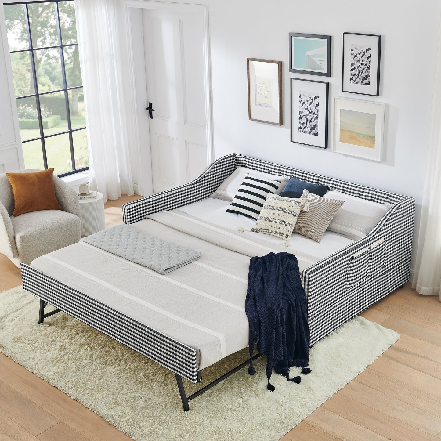 Upholstered Daybed with Tufted Backrest & Trundle - Black