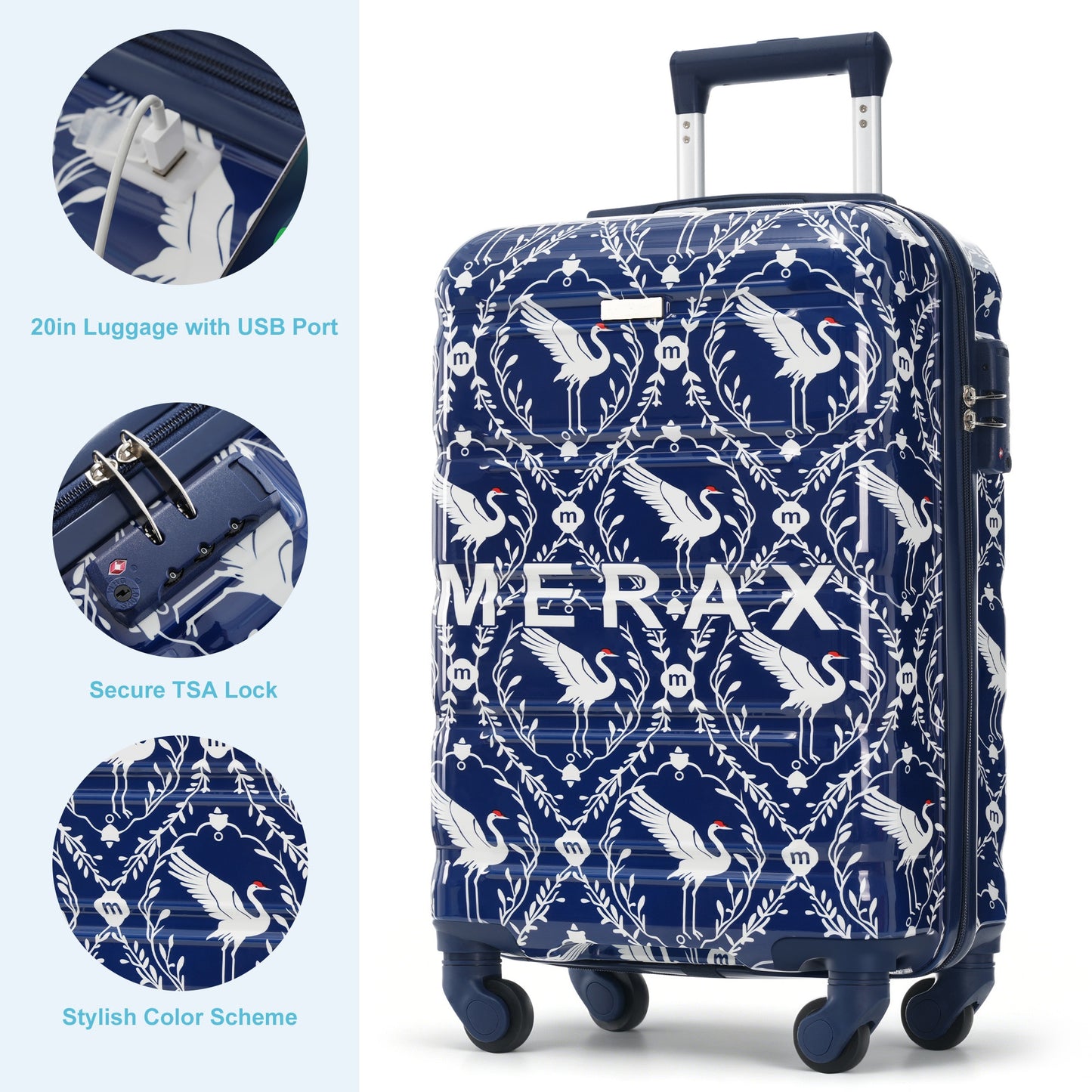 20-Inch Carry-On Luggage Set with USB Port - Indigo