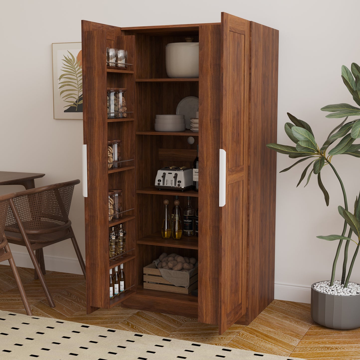 62.99in Walnut Kitchen Pantry Cabinet with Doors & Shelves