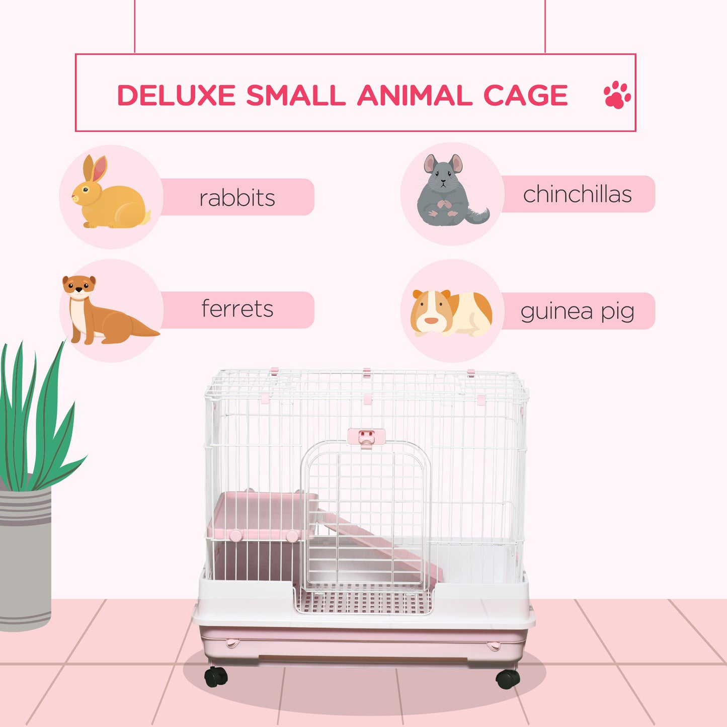 Small Animal Cage with Wheels, Removable Tray & Ramp for Rabbits, Ferrets, Chinchillas - Pink, 864x602x275mm