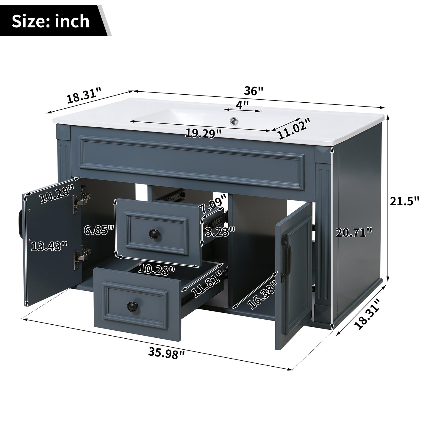 36-Inch Wall Mounted Bathroom Vanity with Ceramic Sink - Blue