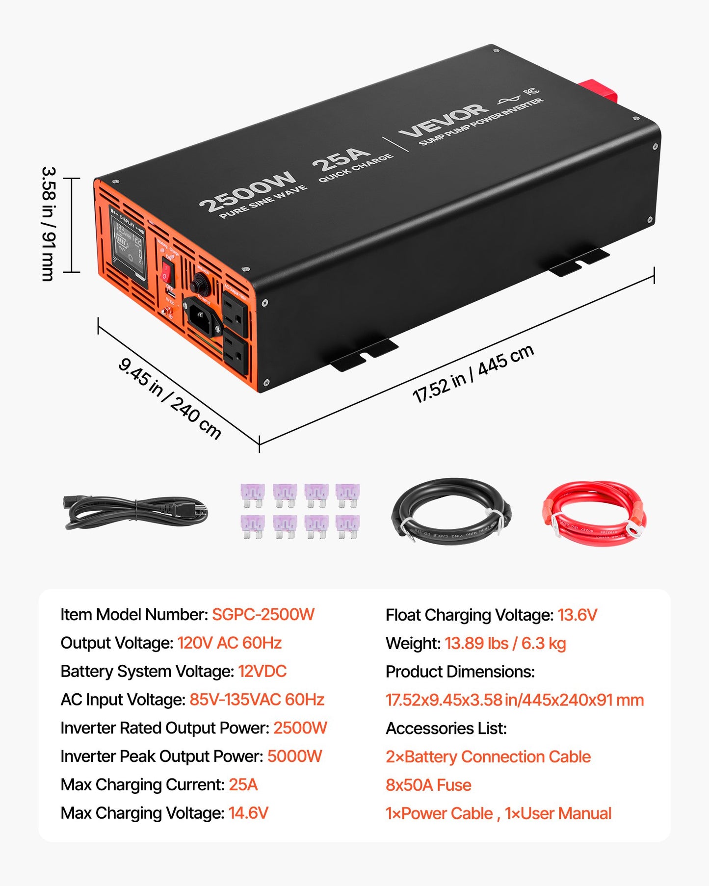 2500W Pure Sine Wave Backup Power Inverter for Sump Pumps - Battery Not Included - Black