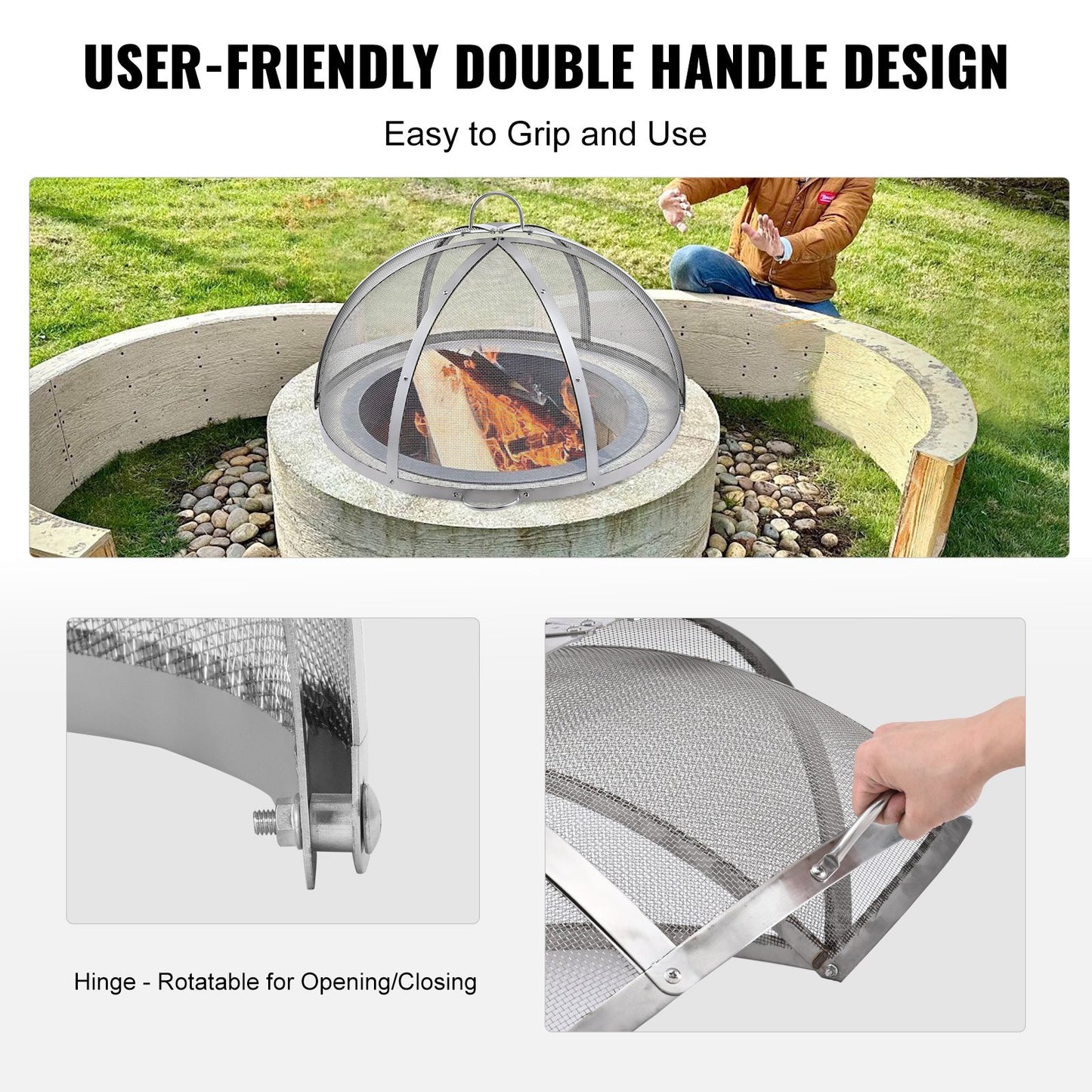 Outdoor Firepit Spark Screen Lid - 40 Inch Diameter Stainless Steel Round Cover