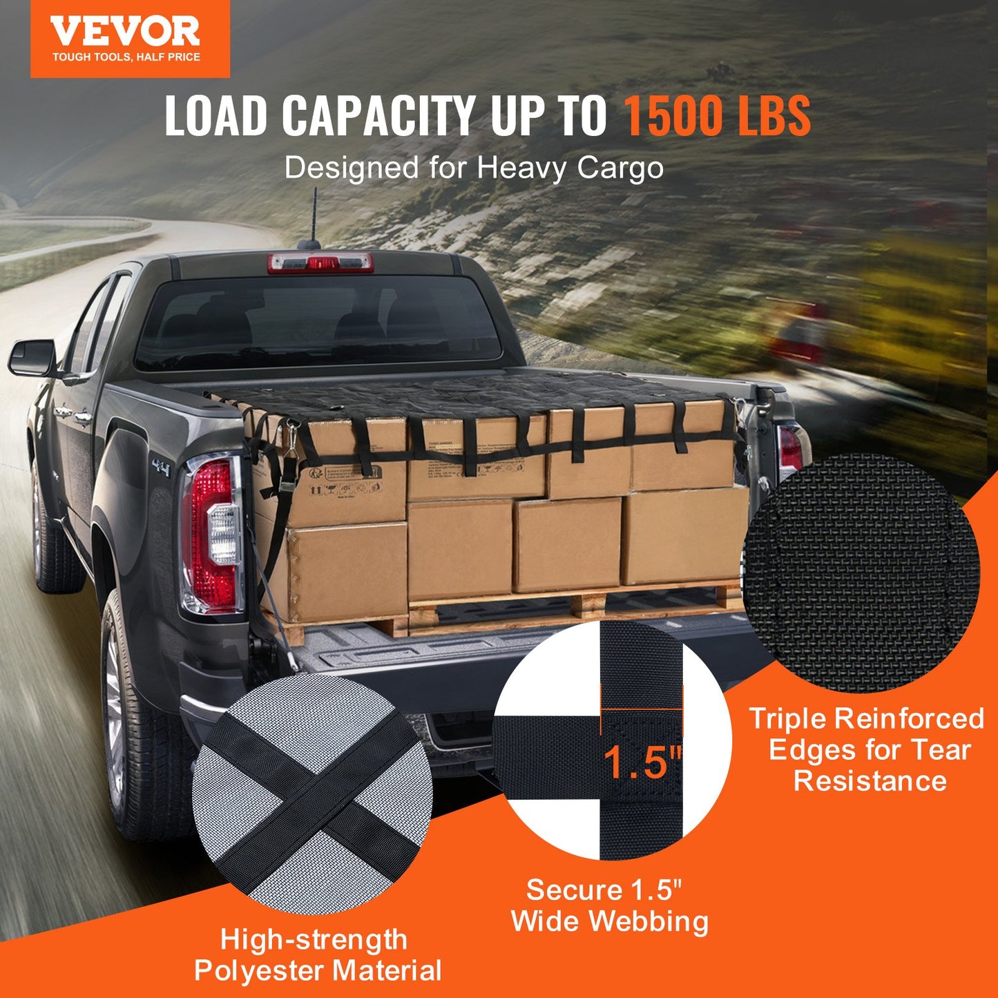 Heavy Duty Cargo Net 72x57 Inches with Adjustable Buckles & S-Hooks for Truck Bed Load Capacity 1500 lbs
