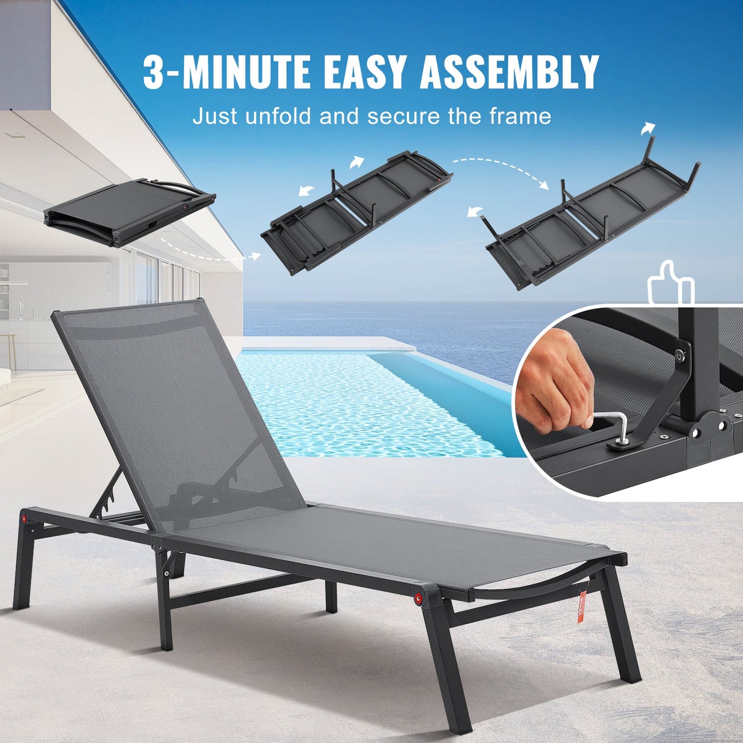 Outdoor Lounge Chair Set - Adjustable 5-Position Patio Sunbed, 2 Pcs Grey