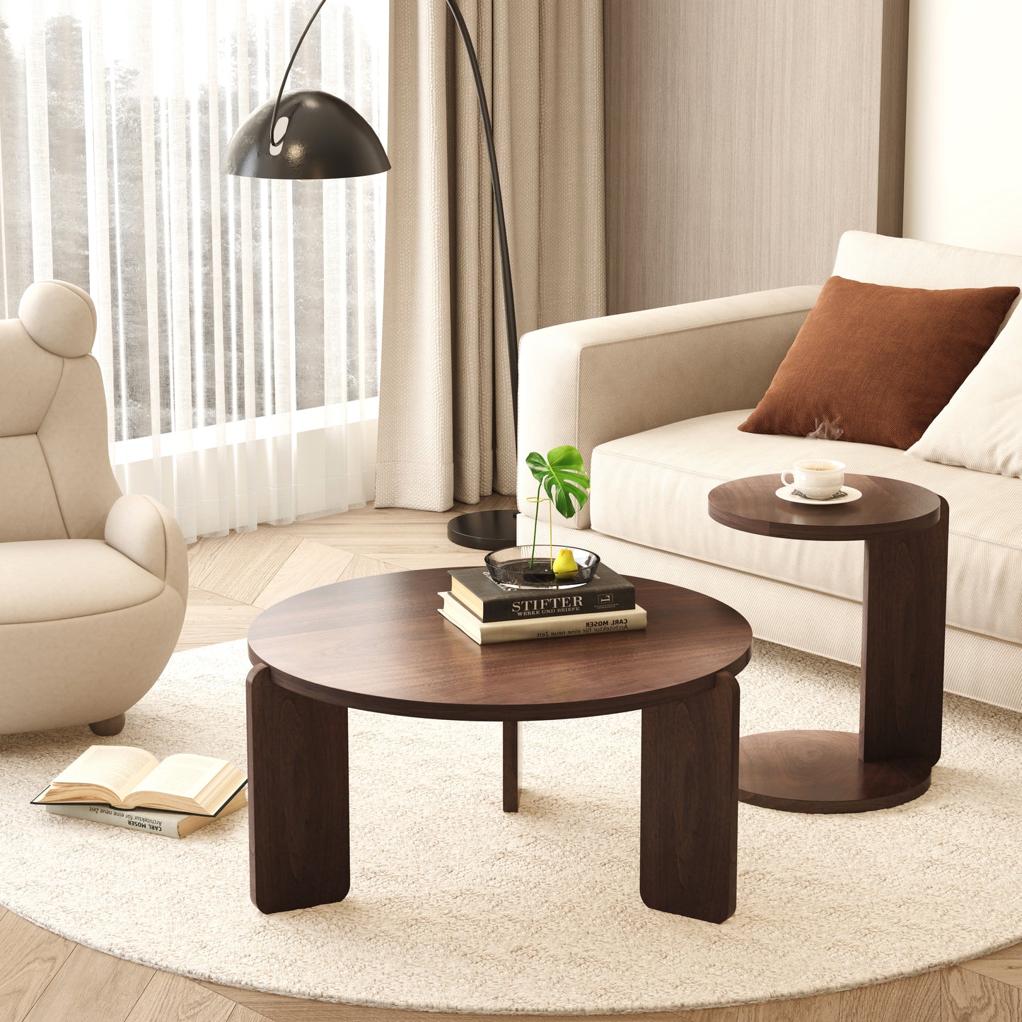 32.68 Inch Nesting Round Wood Coffee Table With End Set Of 2, Walnut