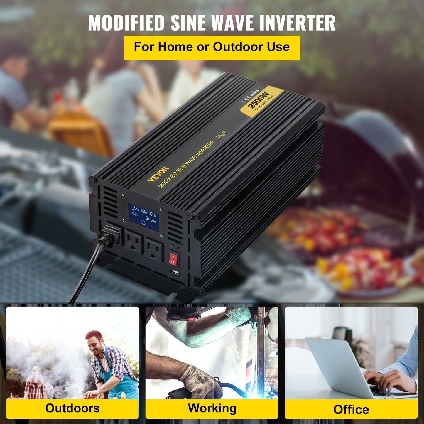 2500W Modified Sine Wave Power Inverter DC 12V to AC 120V with LCD Remote Car RV Boat Camping