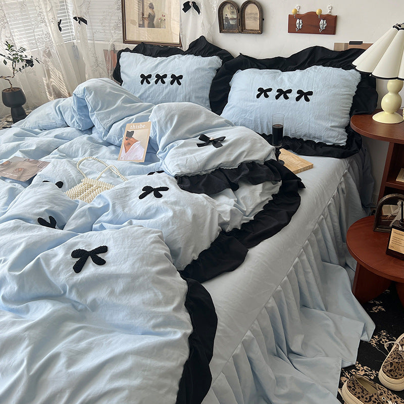 Cream Ins Girl Bow Lace Cotton Bedding Set - Multiple Sizes & Patterns
