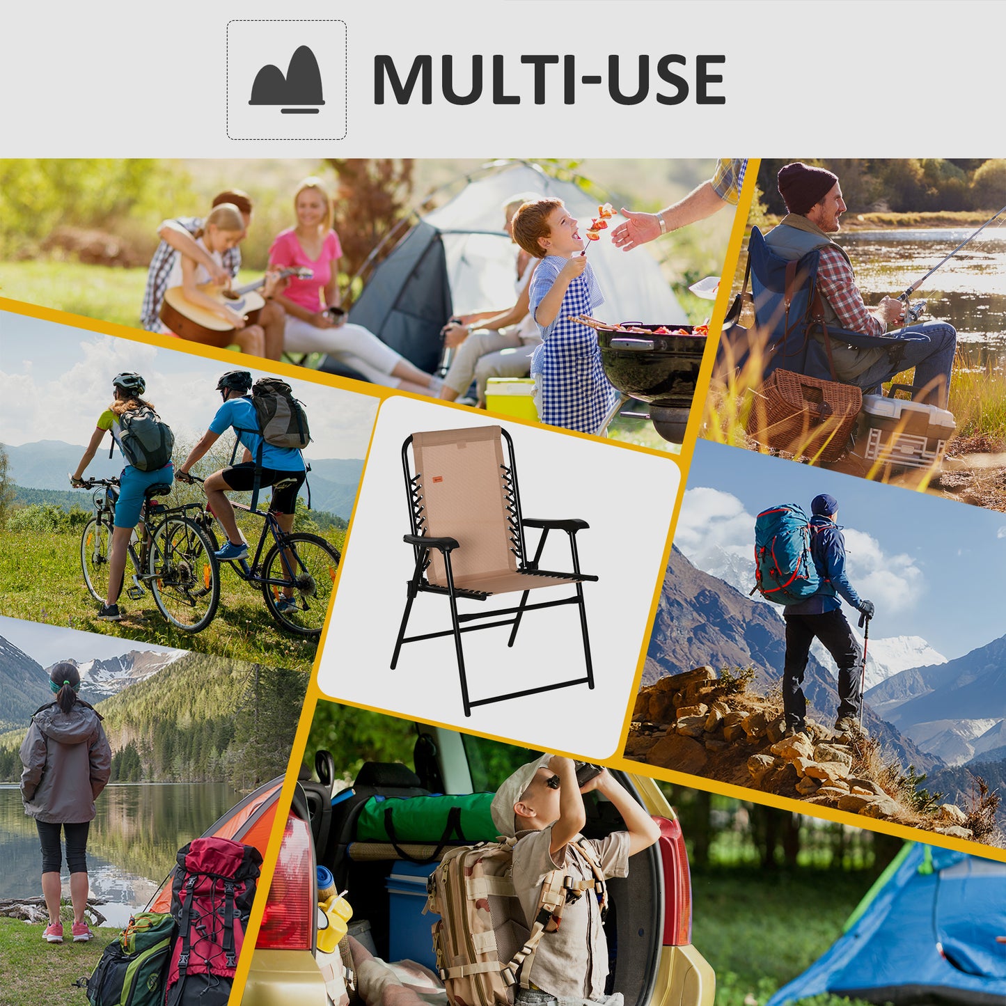 Folding Patio Chair - Portable Bungee Sling with Armrests, Beige