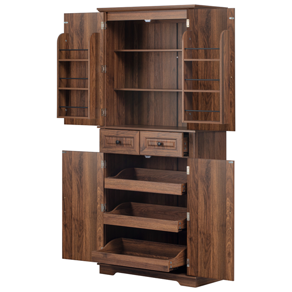 Tall Kitchen Pantry Cabinet with 3 Pull-Out Organizers - Brown