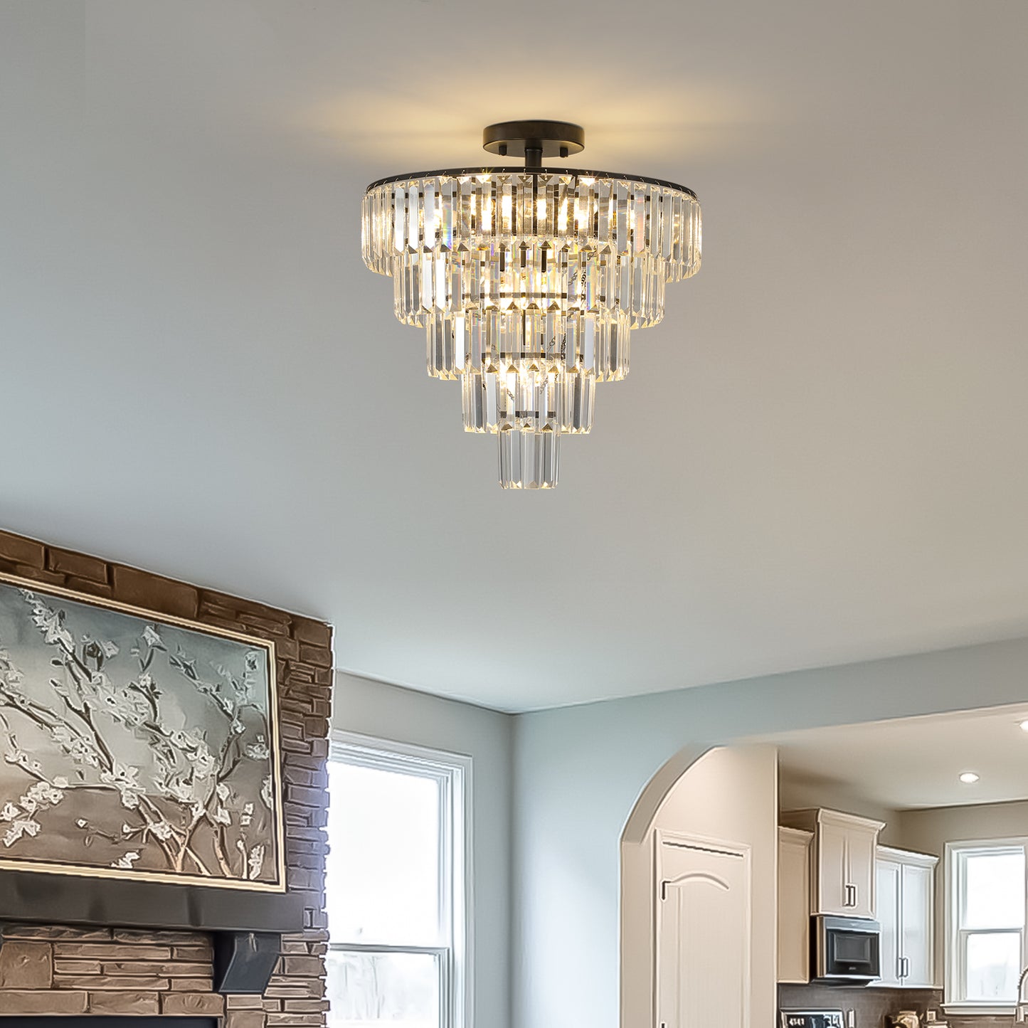 Modern Black Crystal Chandelier - 10-Light Flush Mount Fixture