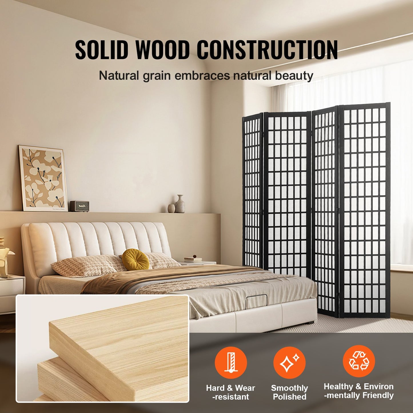 64-Inch Wood Folding Room Divider - Japanese Privacy Screen