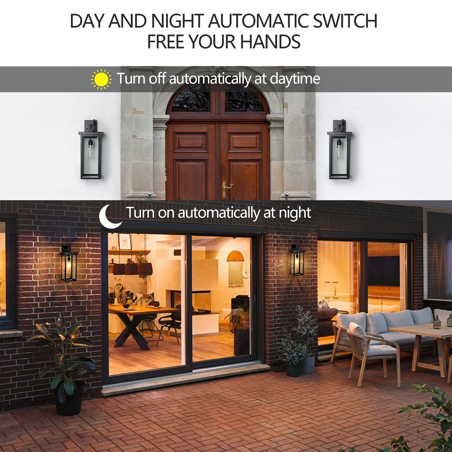 Modern Outdoor Wall Lanterns - Black Metal Frame - Set of 2