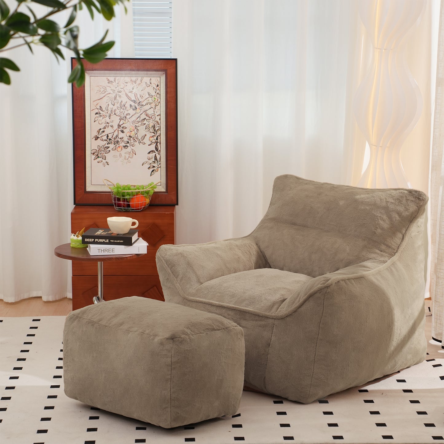 Soft Tufted Foam Bean Bag Chair with Faux Fur - Light Coffee