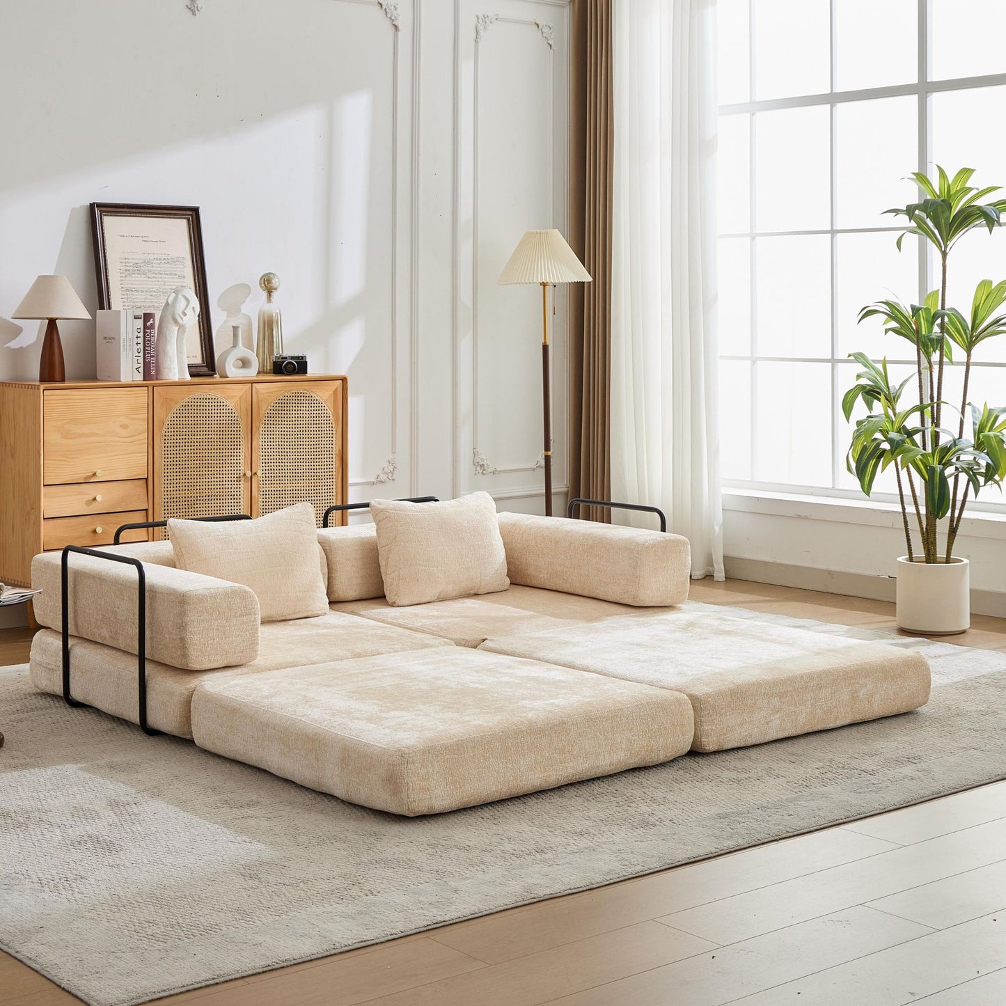 Convertible Compression Sofa Bed - Beige Chenille Fabric