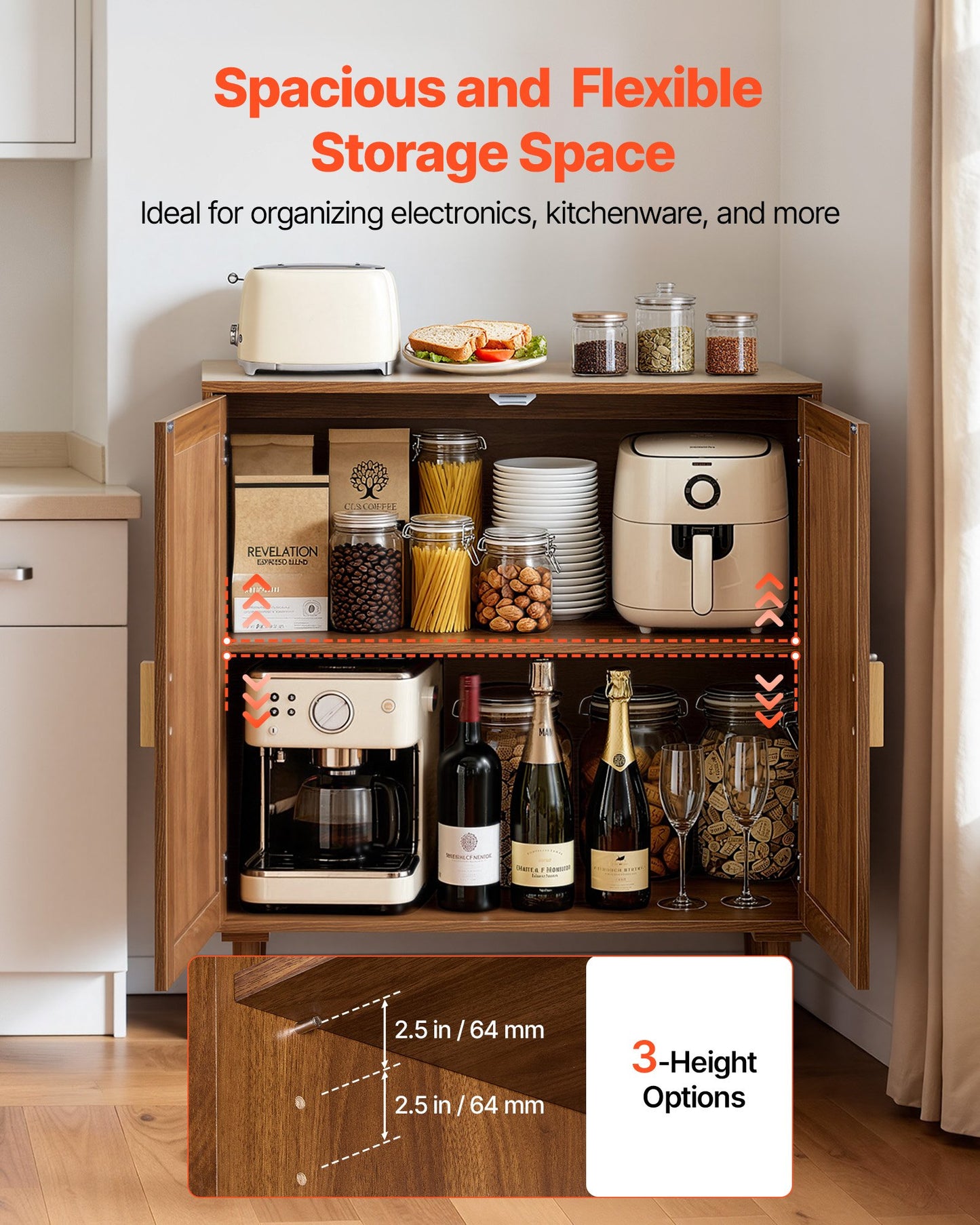 Rattan Storage Cabinet with Magnetic Doors and Adjustable Shelves - Khaki
