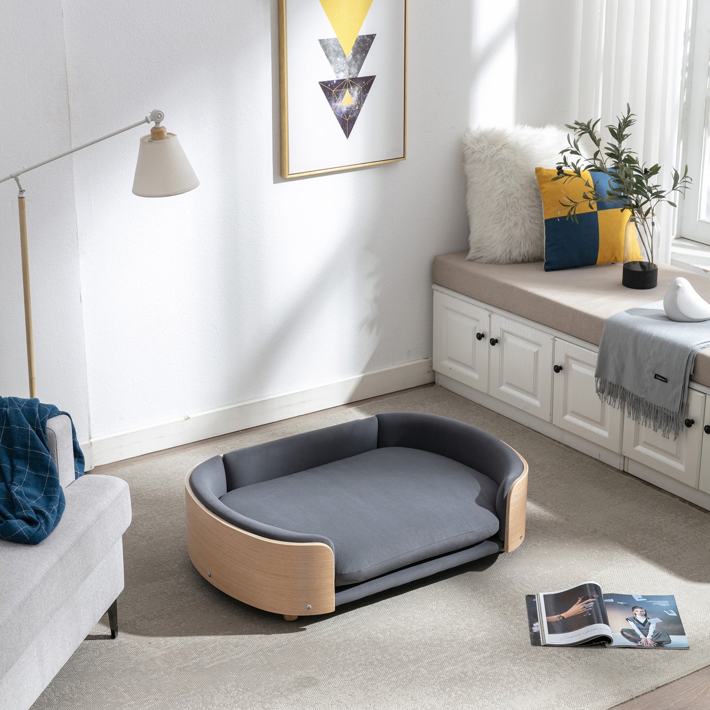 Large Scandinavian Style Elevated Dog Bed with Velvet Cushion and Solid Wood Legs