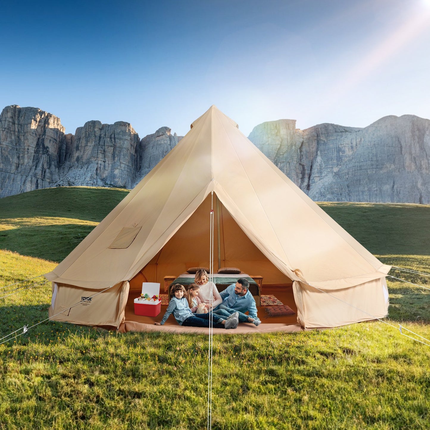 12 Person Canvas Bell Tent with Stove Jack Waterproof Breathable Large Yurt for Family Camping - 23x23 ft Beige