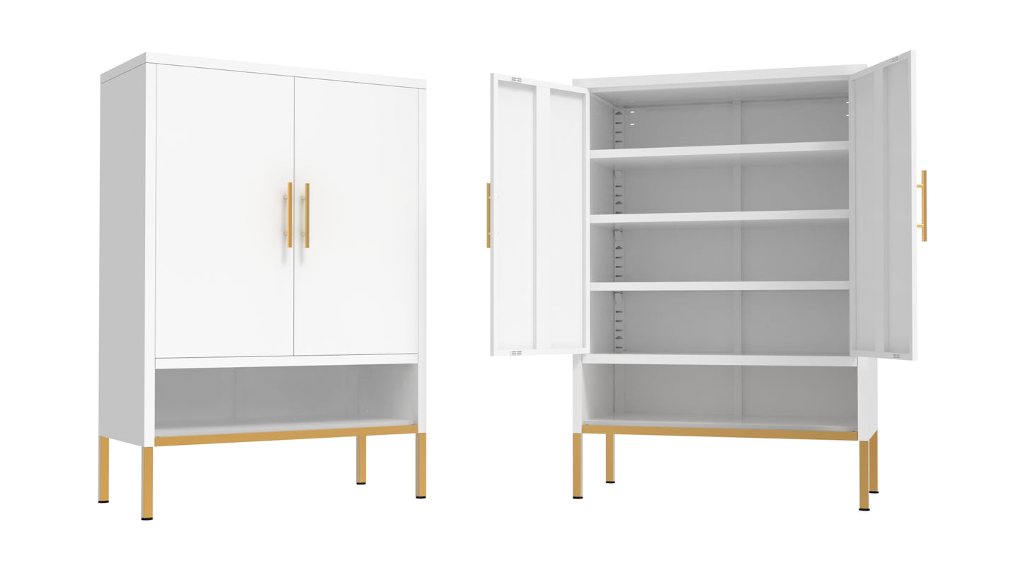 40-Inch Tall 2-Door Metal Shoe Cabinet - 7-Tier Organizer in White