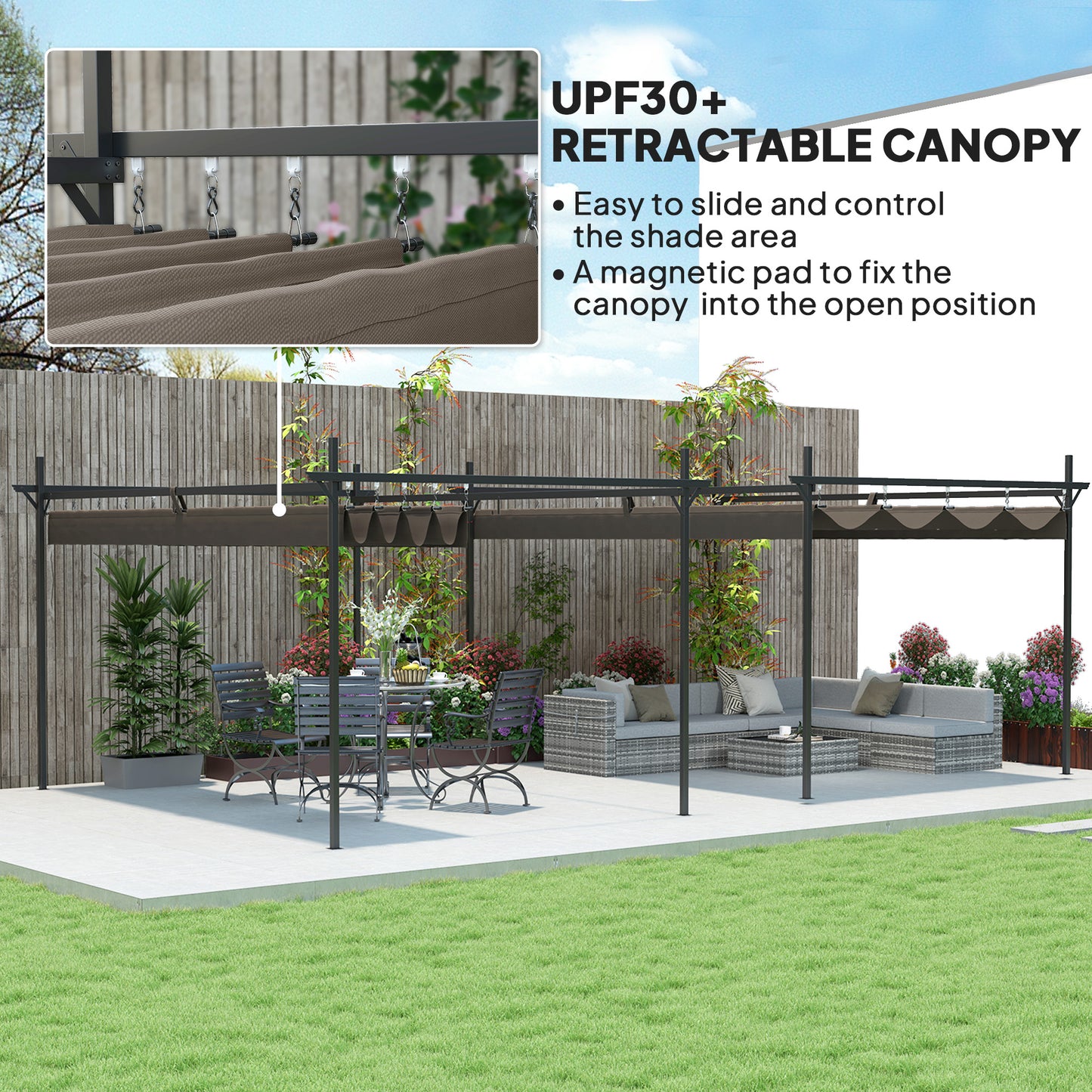 Retractable Metal Pergola Canopy - Outdoor Garden Shade, Brown