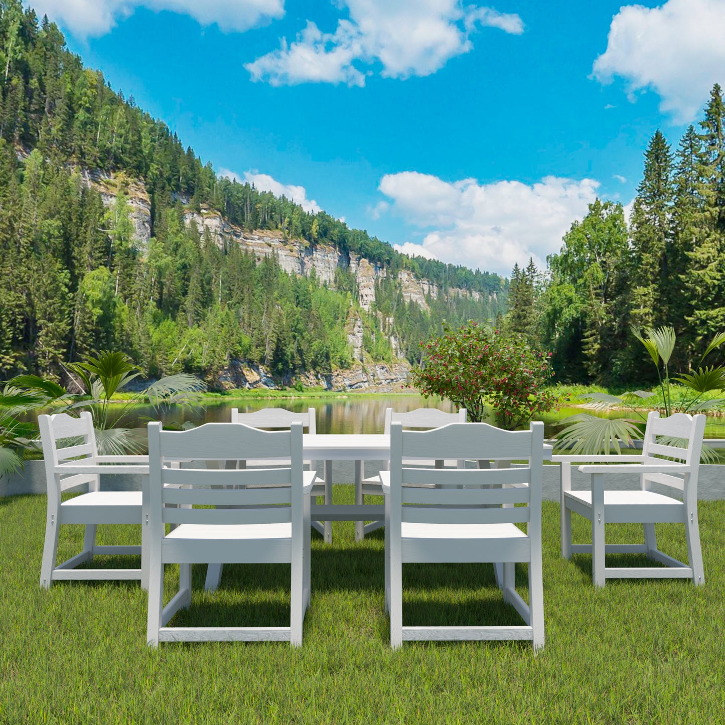 Patio Dining Chair Set of 2 - White HIPS with Wood Grain Texture