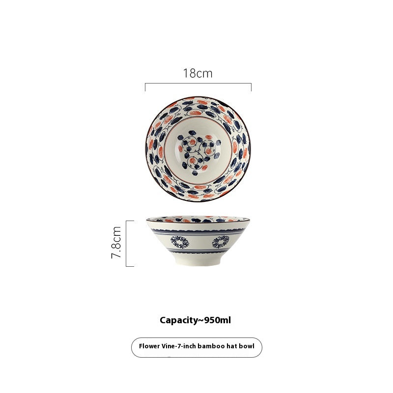 Retro Japanese Style 7-Inch Porcelain Ramen Bowl with Bamboo Hat Shape