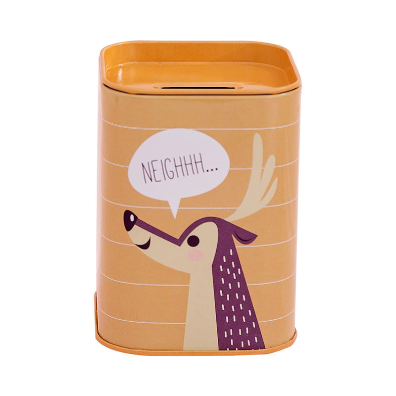 Square Metal Piggy Bank - Animal & Little Girl Series, Coin & Pen Storage