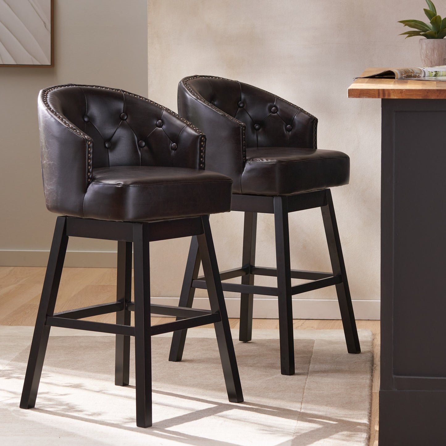 360-Degree Swivel Bar Stools with Nailhead Trim - Set of 2, Brown