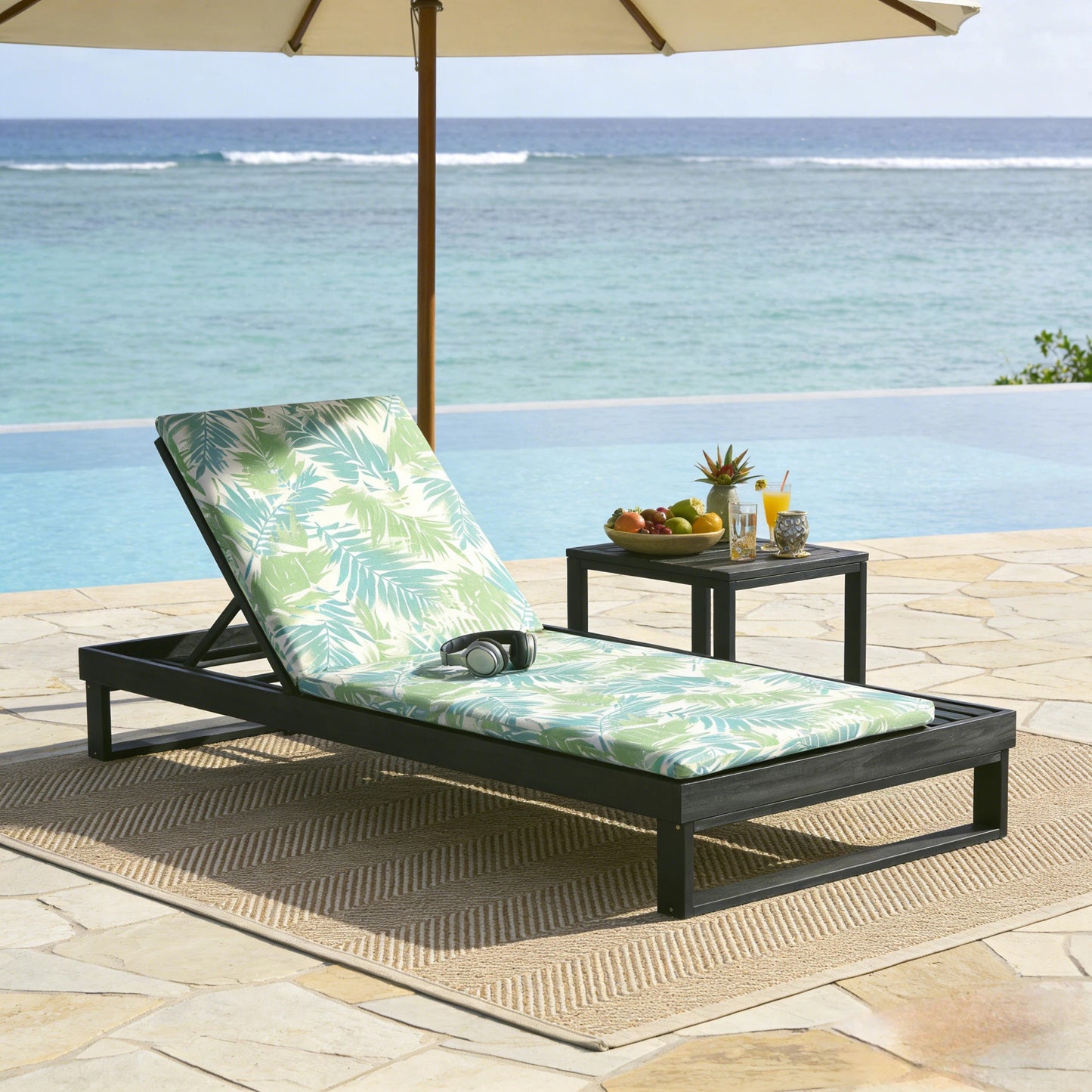 Black Acacia Wood Chaise Lounge with 4-Position Adjustable Cushion