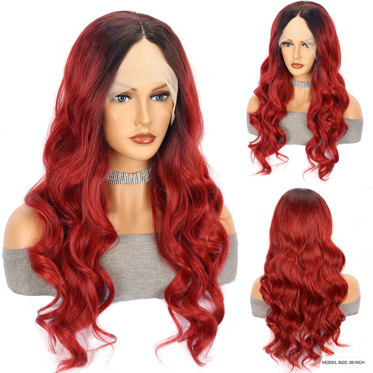Wine Red Long Curly Synthetic Hair Wigs with Oblique Bangs - Cosplay Hair Cover