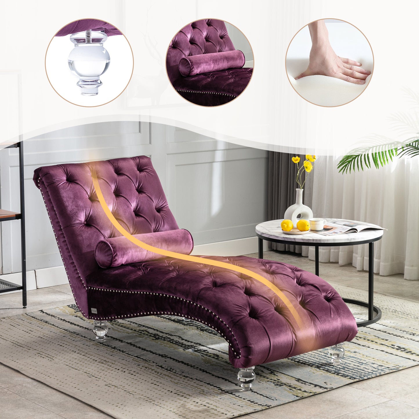 Purple Velvet Chaise Lounge Chair - Button-Tufted with Pillow