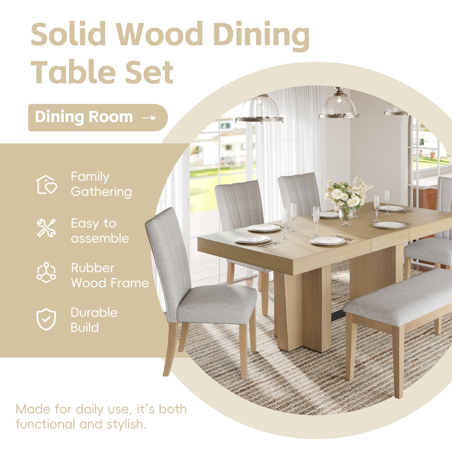 Extendable Wood Dining Table Set for 6 with Bench & 4 Chairs - Natural Beige