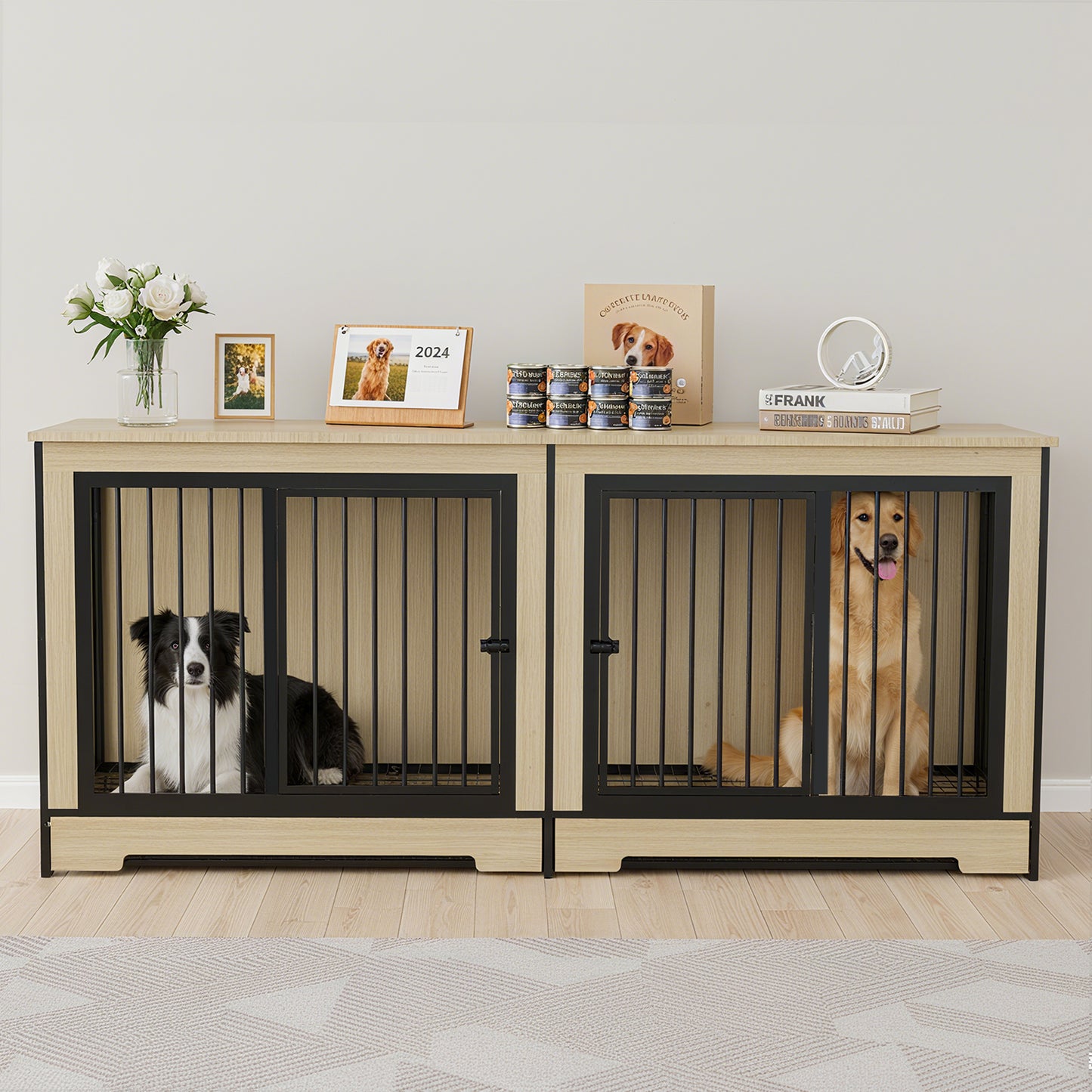 XL Large Double Dog Crate Furniture with Tray - Black & Natural
