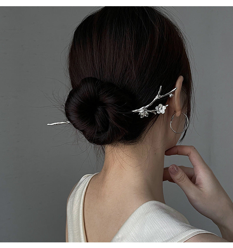 Metal Hairpin Hair Accessories for Women - Chinese Flower Design, Silver & Gun Black