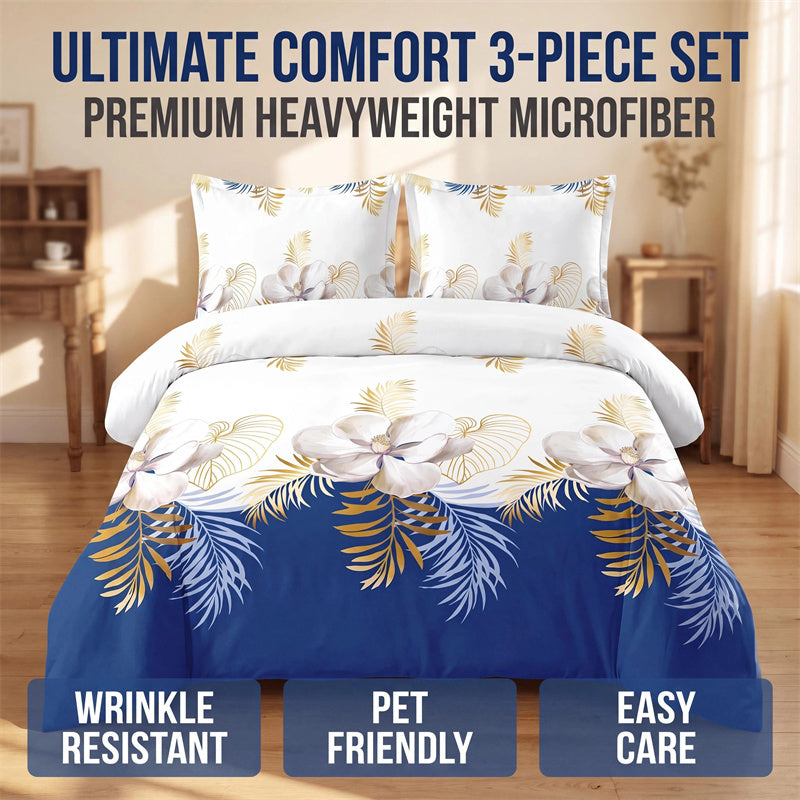 3-Piece Navy Blue & Gold Tropical Floral Duvet Cover Set