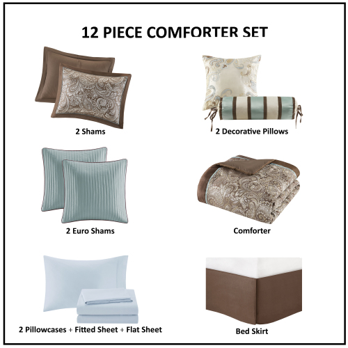 12-Piece Comforter Set with Cotton Bed Sheets - Blue & Brown Full