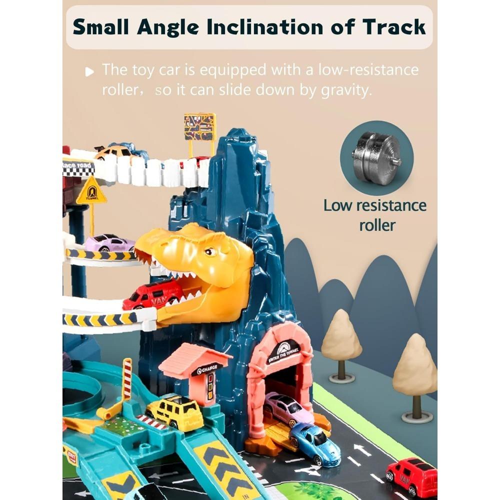 Dinosaur Mountain Adventure Race Track Toy Set with Mini Cars & Assembly Tool